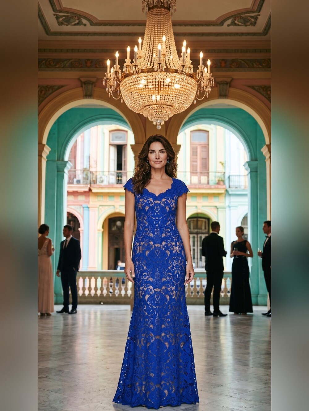 Tadashi Shoji Royal Blue Corded Embroidered Lace  Tan Lined Prom/Evening Gown